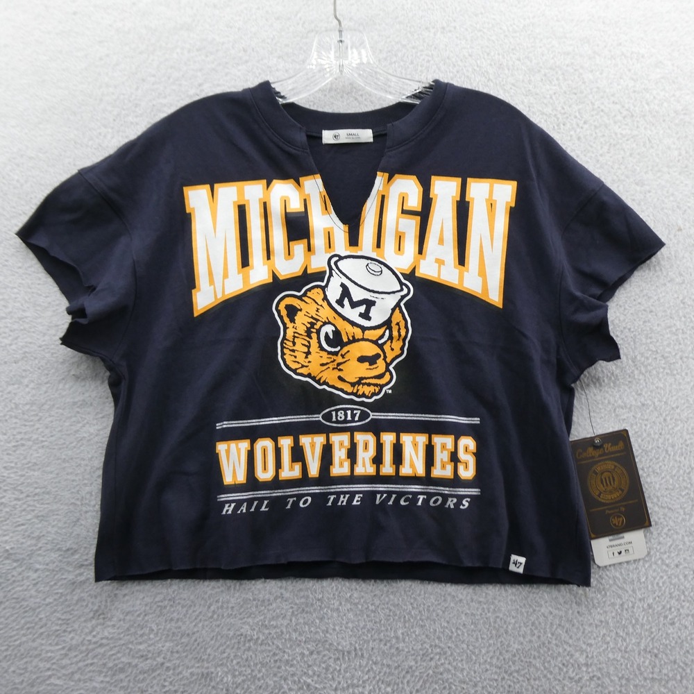 47 Brand Shirt Women Small Michigan Wolverines Navy Blue Cropped Cotton Blend